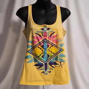 Vintage OP Ocean Pacific‎ Graphic Henley Tank Top Boho Aztec Yellow XS